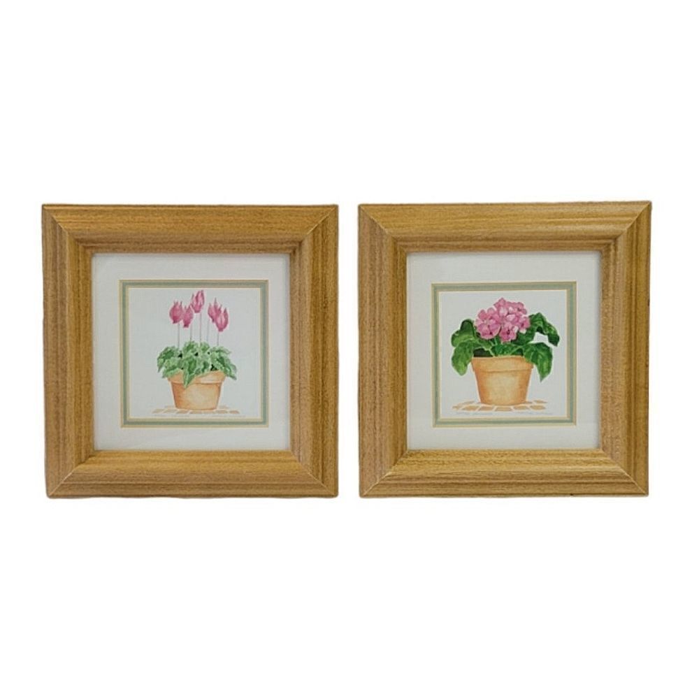 Vintage Carolyn Oltman Floral Framed Art "Potted Primrose" & "Potted Cyclamen"